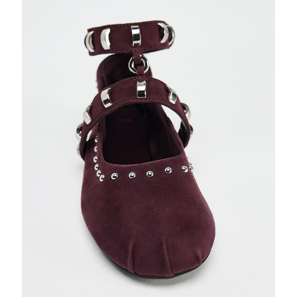 🍷 ZARA Leather Studded Ballet Flats NWT | Burgundy Suede Buckle Strap 7.5–8 - Picture 14 of 16